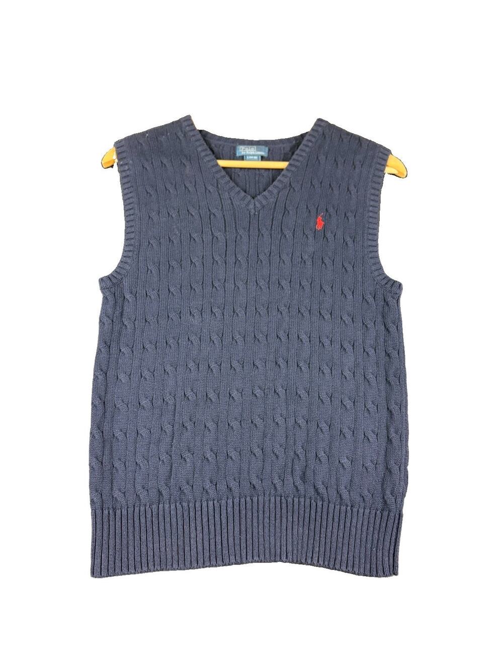 Polo Ralph Lauren Sweater Vest Boys L 14-16 Navy Cable Knit Preppy Red Pony